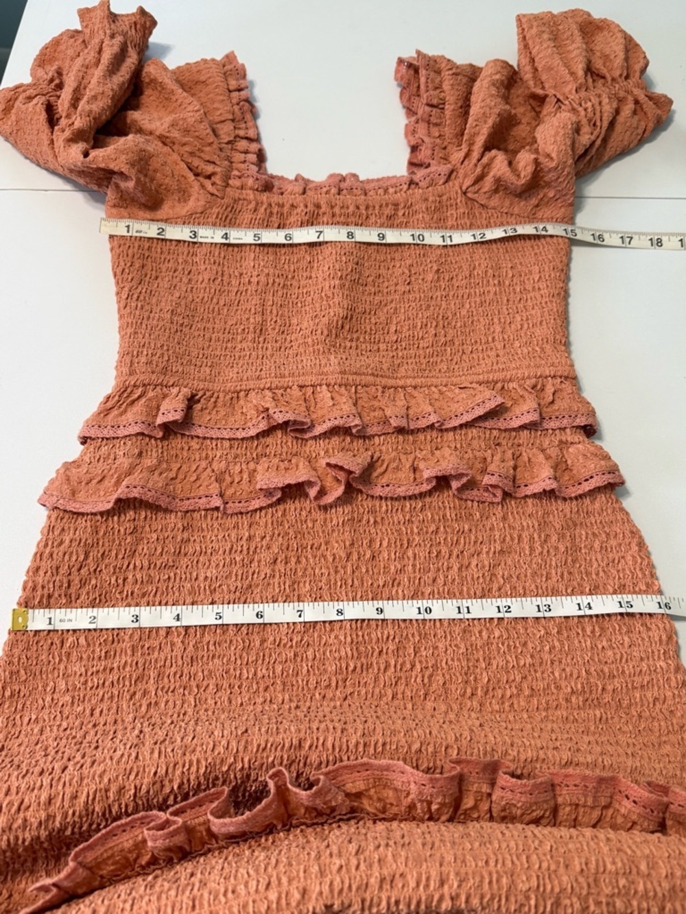 Rachel Parcell Bubble Crepe Smocked Ruffle Midi Dress XS Dusty Peach - Picture 12 of 16